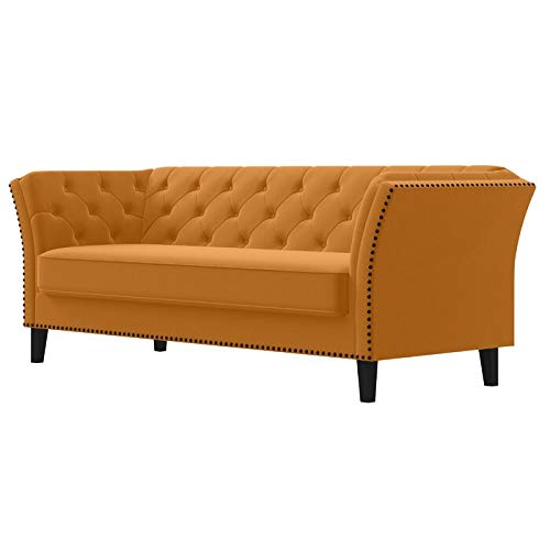 Wooden 3 Seater Sofa | Pocket Spring Cushion 3 Seater Sofa | Padded Cushioned Armrest | Metal Leg with Golden Polish (Musturd, Seating-3)