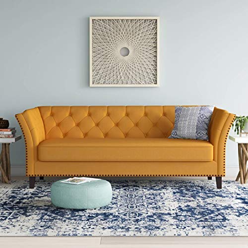 Wooden 3 Seater Sofa | Pocket Spring Cushion 3 Seater Sofa | Padded Cushioned Armrest | Metal Leg with Golden Polish (Musturd, Seating-3)