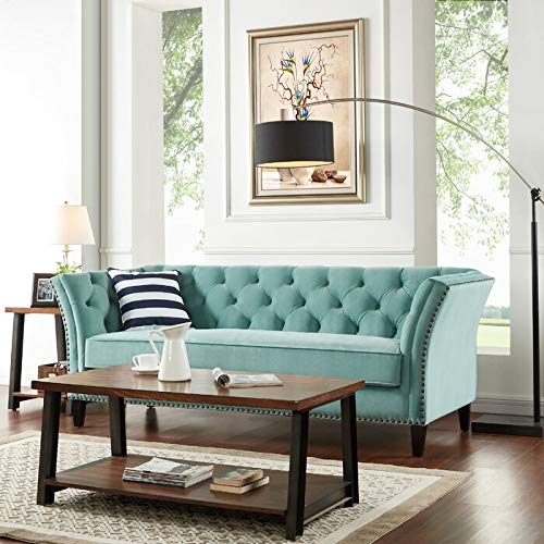 Wooden 3 Seater Sofa | Pocket Spring Cushion 3 Seater Sofa | Padded Cushioned Armrest | Metal Leg with Golden Polish (Green, Seating-3)