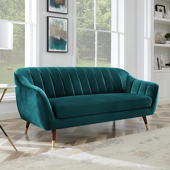 Wooden 3 Seater Sofa | Pocket Spring Cushion 3 Seater Sofa | Padded Cushioned Armrest | Metal Leg with Golden Polish (Blue, Seating-3)
