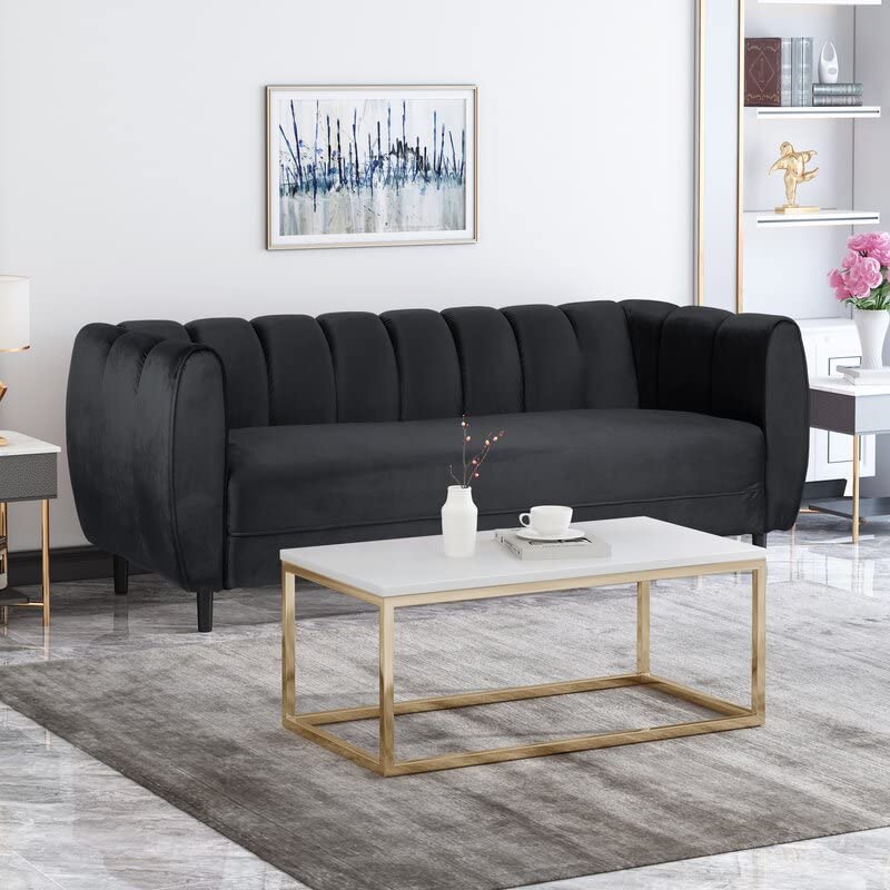 Wooden 3 Seater Sofa | Pocket Spring Cushion 3 Seater Sofa | Padded Cushioned Armrest | Metal Leg with Golden Polish (Emerald, Seating-3)