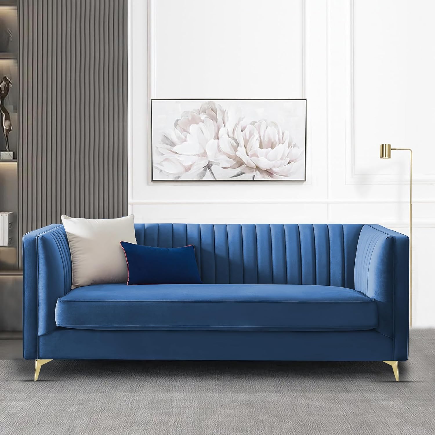 Wooden 3 Seater Sofa | Pocket Spring Cushion 3 Seater Sofa | Padded Cushioned Armrest | Metal Leg with Golden Polish (Blue, Seating-3)