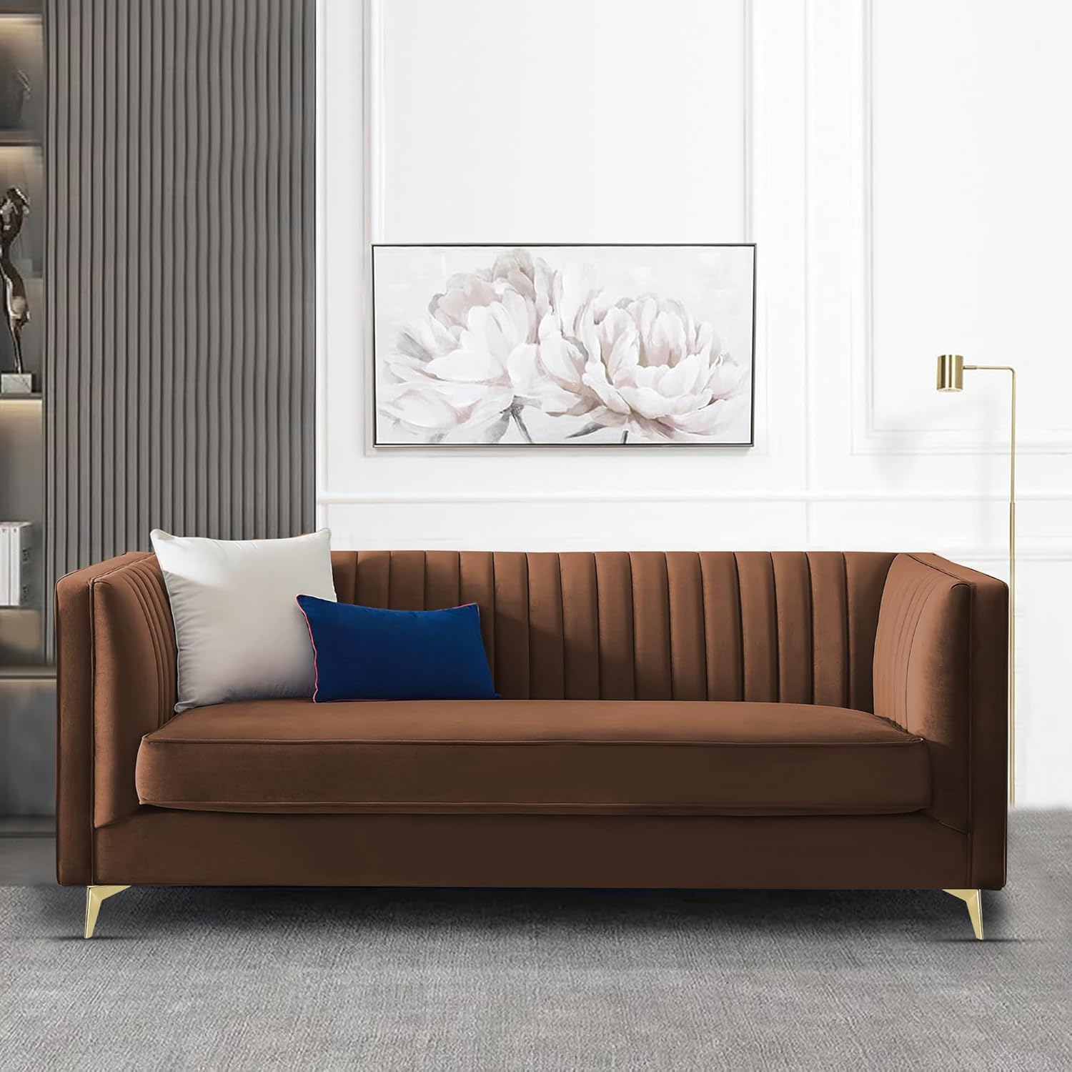 Wooden 3 Seater Sofa | Pocket Spring Cushion 3 Seater Sofa | Padded Cushioned Armrest | Metal Leg with Golden Polish (Blue, Seating-3)