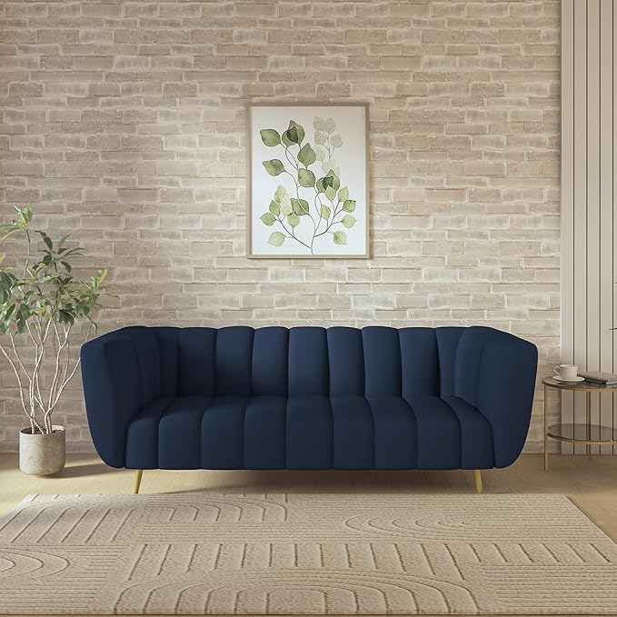 Wooden 3 Seater Sofa | Pocket Spring Cushion 3 Seater Sofa | Padded Cushioned Armrest | Metal Leg with Golden Polish (Peacock Blue, Seating-3)