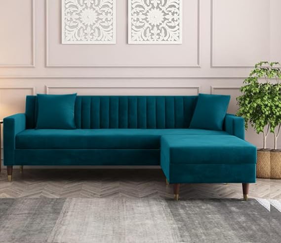 4 Seater Wooden Sofa | 4 Seater Interchangeable L Shape Sofa Set for Living Room | 4-Person Upholstered Sofa Set for Home, Office and Lounge | Ocean Blue (LHS/RHS)