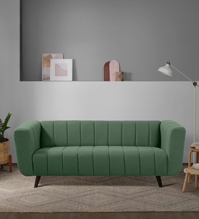 Wooden 3 Seater Sofa | Pocket Spring Cushion 3 Seater Sofa | Padded Cushioned Armrest | Metal Leg with Golden Polish (Sapling Green, Seating-3)