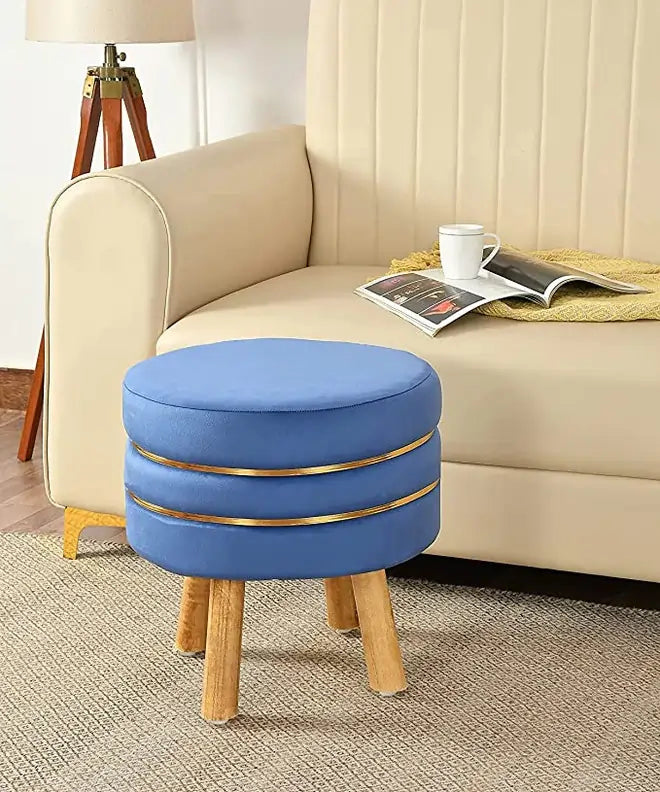 wooden ottoman blue color stool with golden belt