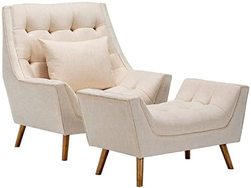 Wooden Wing Chair For Living Room, Arm Chair With Ottoman (Beige)