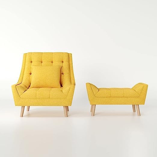 Wooden Wing Chair For Living Room, Arm Chair With Ottoman (Yellow)