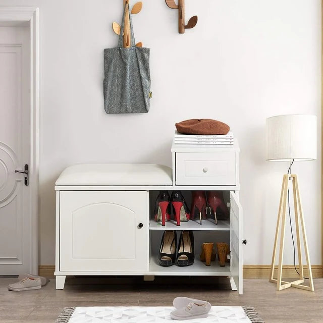 Wooden Shoe Cabinet with Doors and White Ottoman Bench