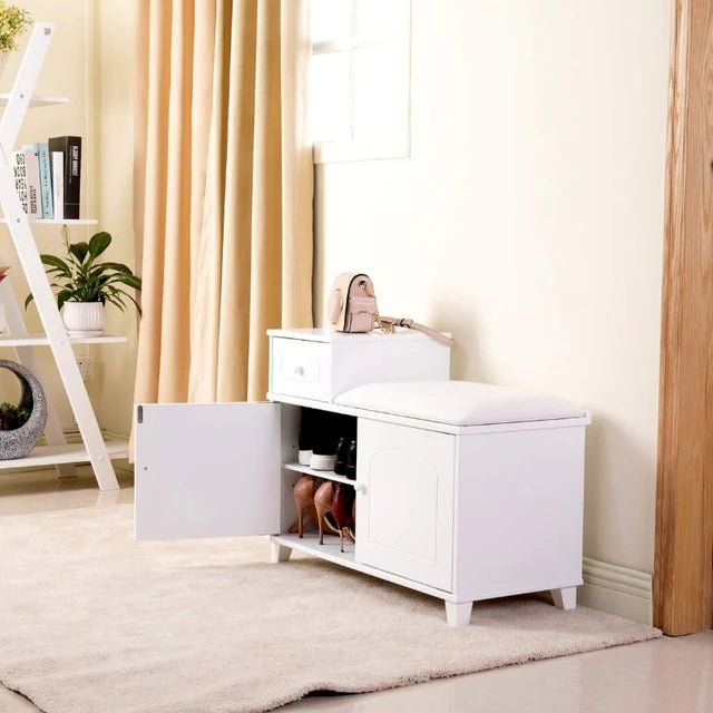 Wooden Shoe Cabinet with Doors and White Ottoman Bench
