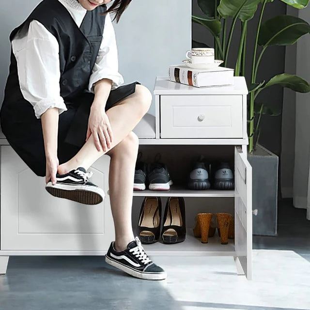 Wooden Shoe Cabinet with Doors and White Ottoman Bench