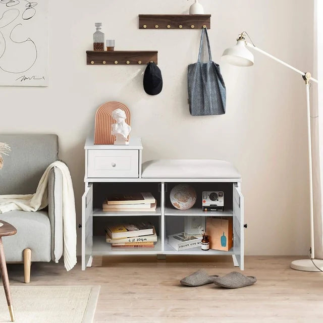 Wooden Shoe Cabinet with Doors and White Ottoman Bench