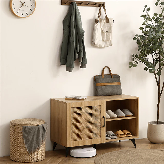 Modern Shoe Storage Cabinet with Natural Rattan Mesh Door and Solid Wooden Handle