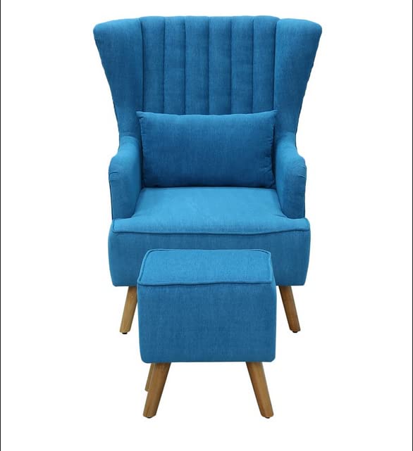 Handmade Sheesham Wood Wing Chair with Footrest – Light Blue