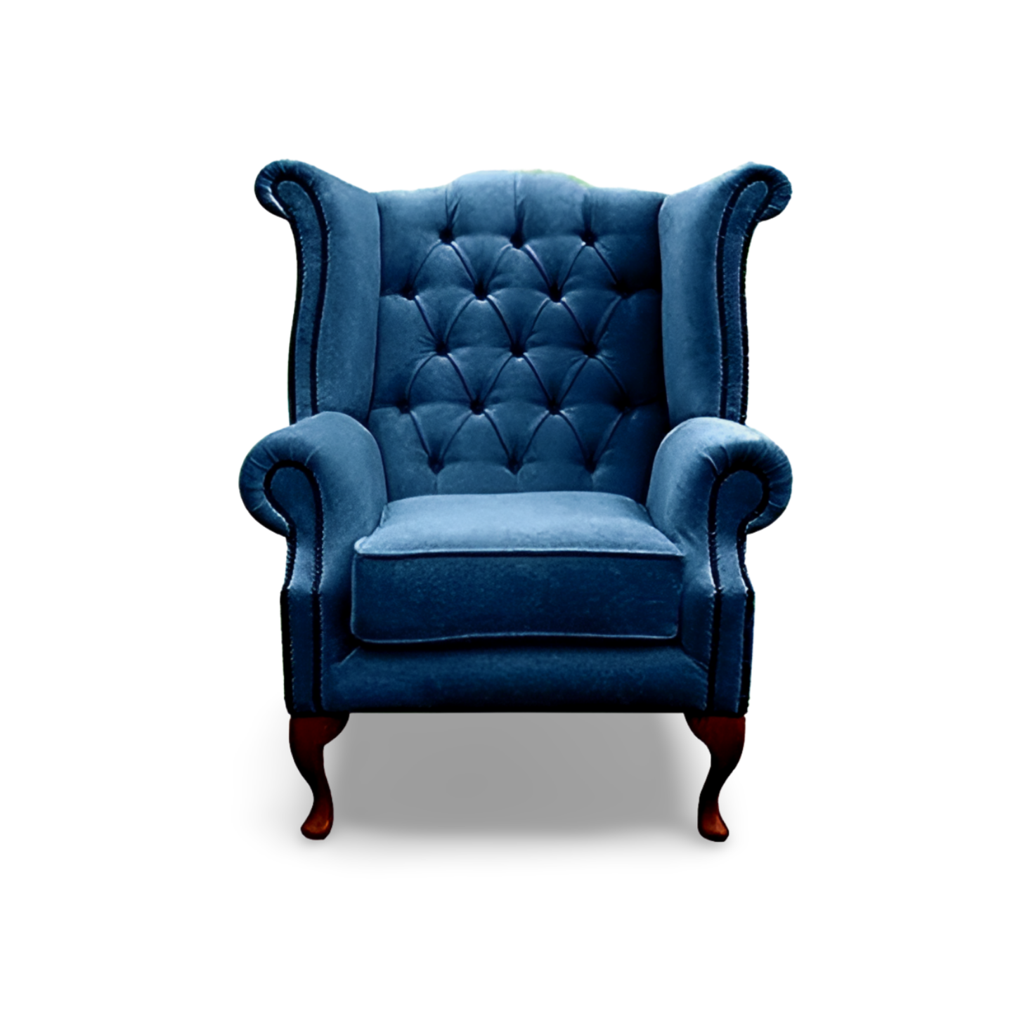 Handmade Sheesham Wood Wing Chair with Footrest – Dark Blue