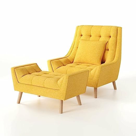 Wooden Wing Chair For Living Room, Arm Chair With Ottoman (Yellow)