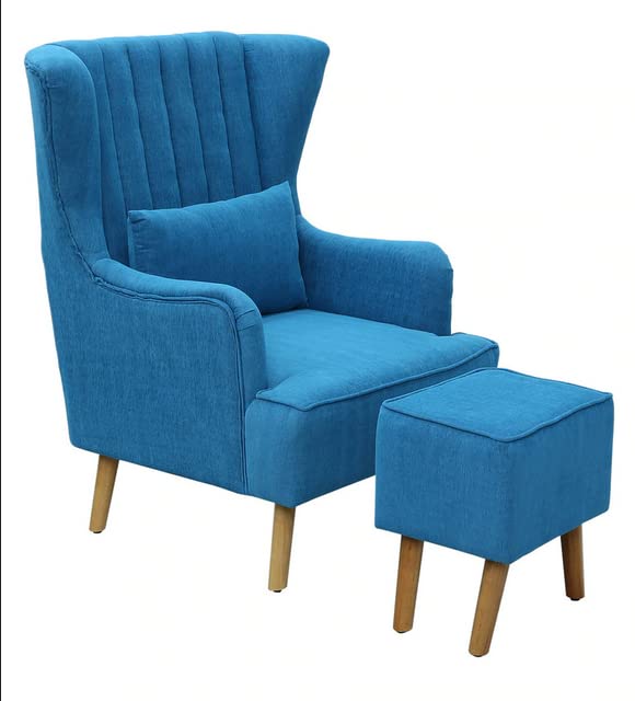 Handmade Sheesham Wood Wing Chair with Footrest – Light Blue