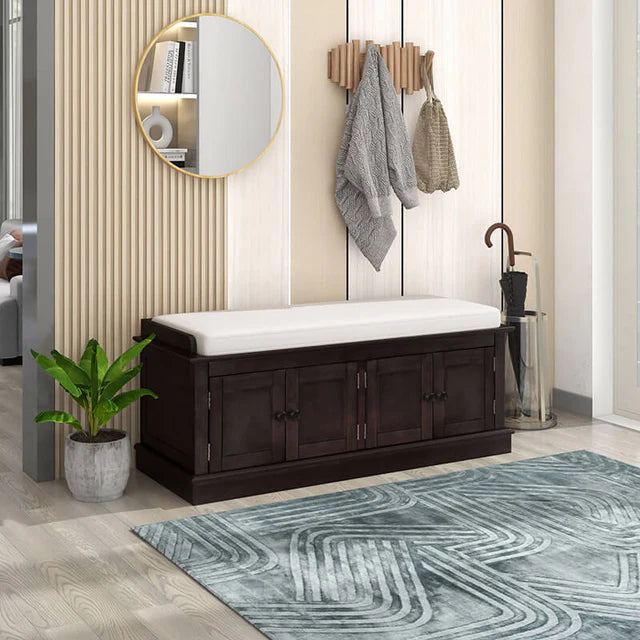 Espresso 4-Door Entryway Storage Shoe Bench with Removable Cushion and Adjustable Shelves