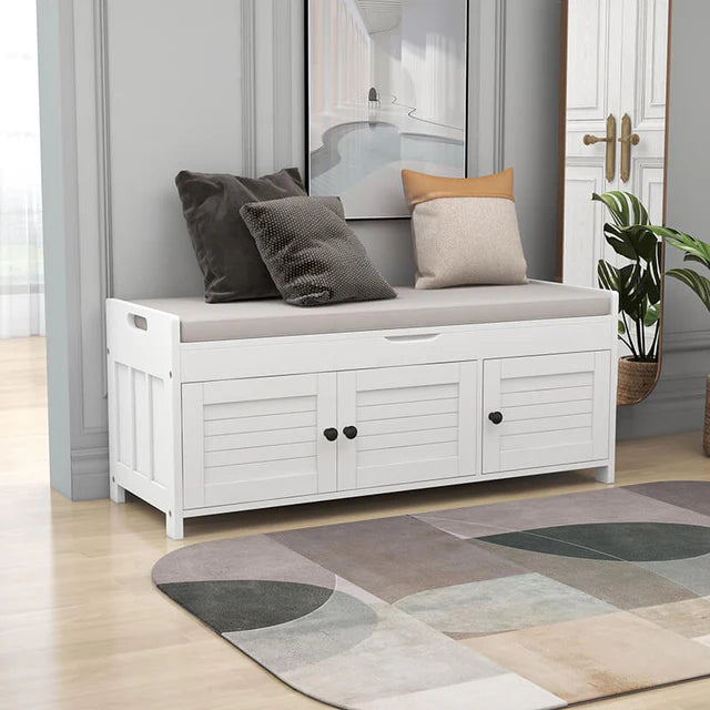 Shoe Storage Bench with Shutter Shaped Doors and Removable Cushion – White