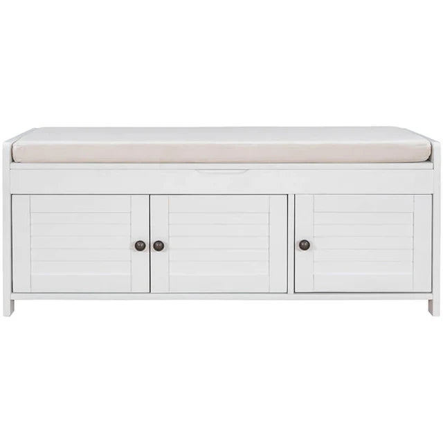 Shoe Storage Bench with Shutter Shaped Doors and Removable Cushion – White
