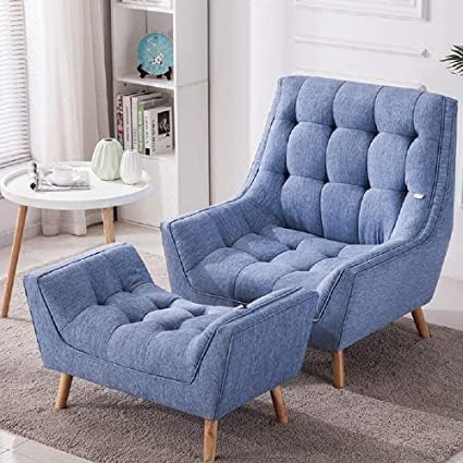 Handmade Solid Wood Arm Chair with Footrest – Light Blue | Luxurious Velvet Armchair for Living Room & Bedroom