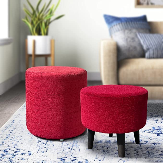 Ottoman Stool Set of 2 | Pouffes Sitting Stool for Living Room, Puffy Wooden Stools, Multicolour