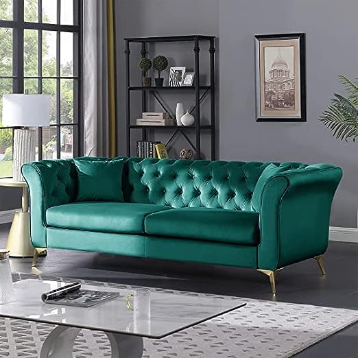 Solid Wood Velvet Touch Fabric 3 Seater Sofa With Metal Legs (Green Finish)