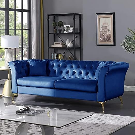 Solid Wood Velvet Touch Fabric 3 Seater Sofa With Metal Legs (Blue)