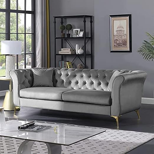 Solid Wood Velvet Touch Fabric 3 Seater Sofa With Metal Legs (Grey)