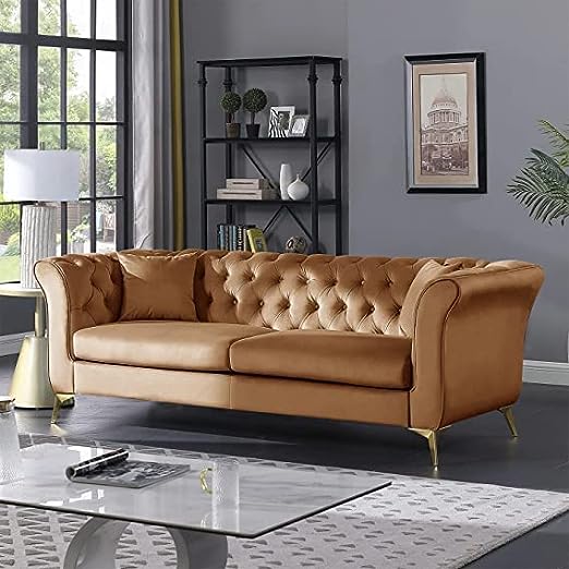 Solid Wood Velvet Touch Fabric 3 Seater Sofa With Metal Legs (Golden)