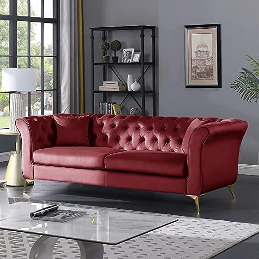 Solid Wood Velvet Touch Fabric 3 Seater Sofa With Metal Legs (Cherry)