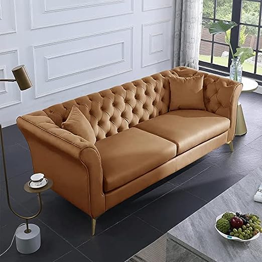 Solid Wood Velvet Touch Fabric 3 Seater Sofa With Metal Legs (Golden)