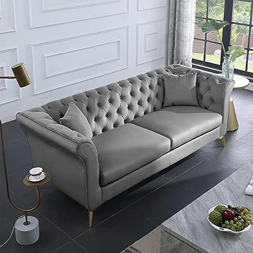 Solid Wood Velvet Touch Fabric 3 Seater Sofa With Metal Legs (Grey)