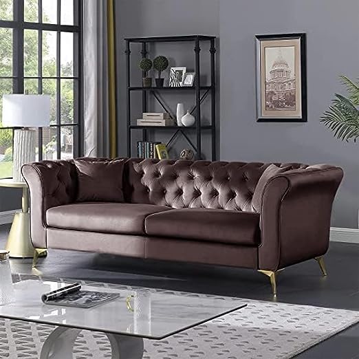 Solid Wood Velvet Touch Fabric 3 Seater Sofa With Metal Legs (Brown)