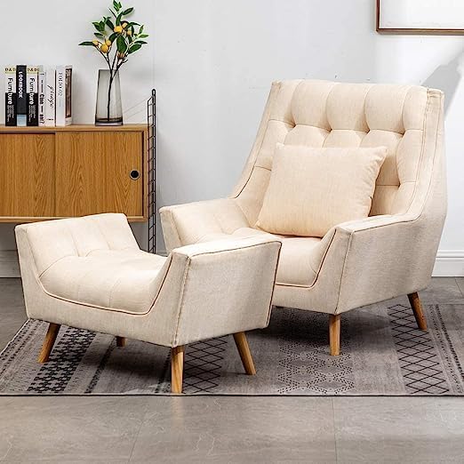 Wooden Wing Chair For Living Room, Arm Chair With Ottoman (Beige)