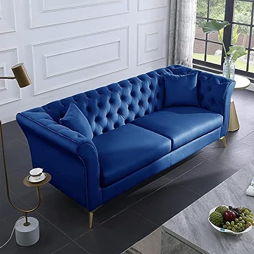 Solid Wood Velvet Touch Fabric 3 Seater Sofa With Metal Legs (Blue)