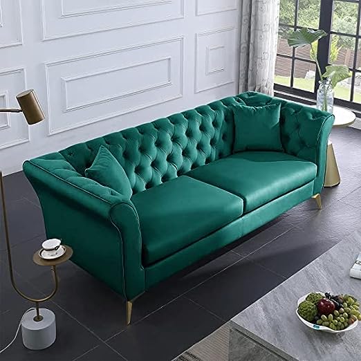 Solid Wood Velvet Touch Fabric 3 Seater Sofa With Metal Legs (Green Finish)