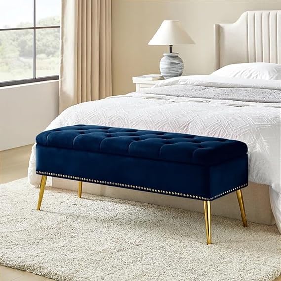 Phirkcraft  Velvet Storage Ottoman with Gold Base  Button-Tufted Footstool for Living Room (Navy Blue)