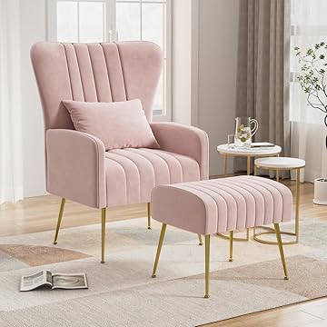 Phirkcraft Velvet Accent Chair with Ottoman, Upholstered Wingback Chair and Ottoman Set, Comfy High Back Club Reading Armchair with Pillow Golden Legs for Living Room Bedroom,  Light Pink