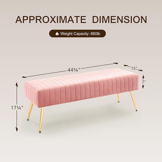 Phirkcraft  Pink Velvet Ottoman Bench, Modern Upholstered Bedroom Benches Footrest Stool Indoor Bench for Entryway Living Room Bedroom Dining Room (Velvet-Pink)