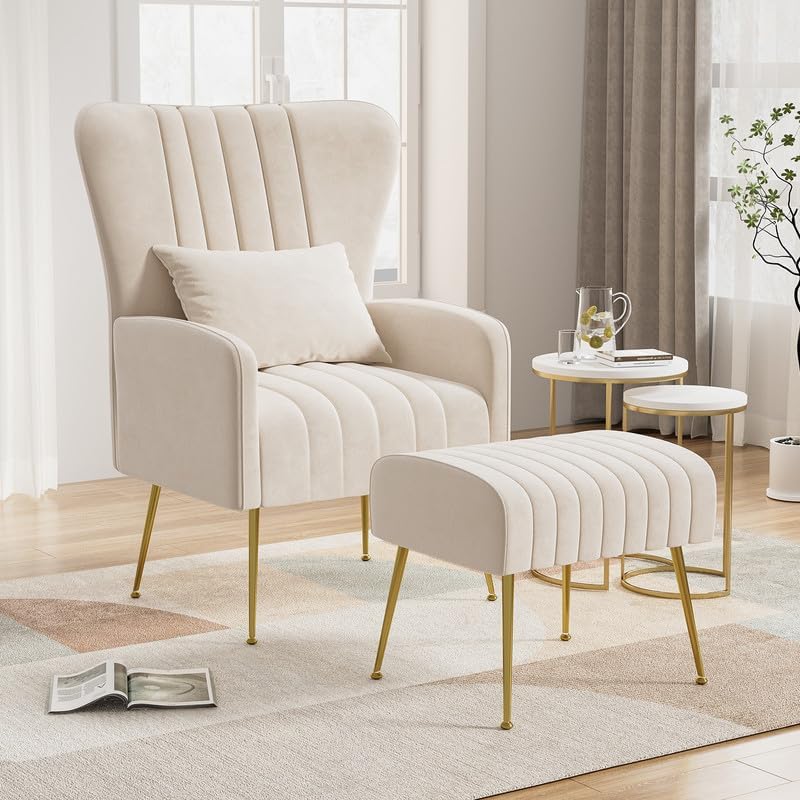 Phirkcraft Velvet Accent Chair with Ottoman, Upholstered Wingback Chair and Ottoman Set, Comfy High Back Club Reading Armchair with Pillow Golden Legs for Living Room Bedroom,  Light Pink