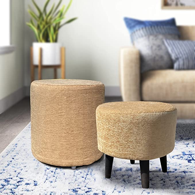 Ottoman Stool Set of 2 | Pouffes Sitting Stool for Living Room, Puffy Wooden Stools, Multicolour