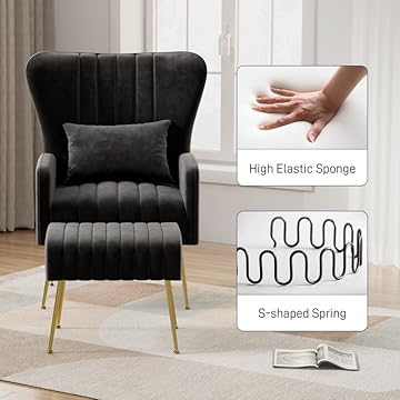 Phirkcraft Velvet Accent Chair with Ottoman, Upholstered Wingback Chair and Ottoman Set, Comfy High Back Club Reading Armchair with Pillow Golden Legs for Living Room Bedroom,  Light Pink