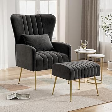 Phirkcraft Velvet Accent Chair with Ottoman, Upholstered Wingback Chair and Ottoman Set, Comfy High Back Club Reading Armchair with Pillow Golden Legs for Living Room Bedroom,  Light Pink