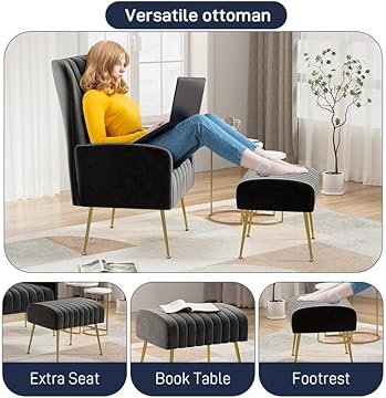 Phirkcraft Velvet Accent Chair with Ottoman, Upholstered Wingback Chair and Ottoman Set, Comfy High Back Club Reading Armchair with Pillow Golden Legs for Living Room Bedroom,  Light Pink