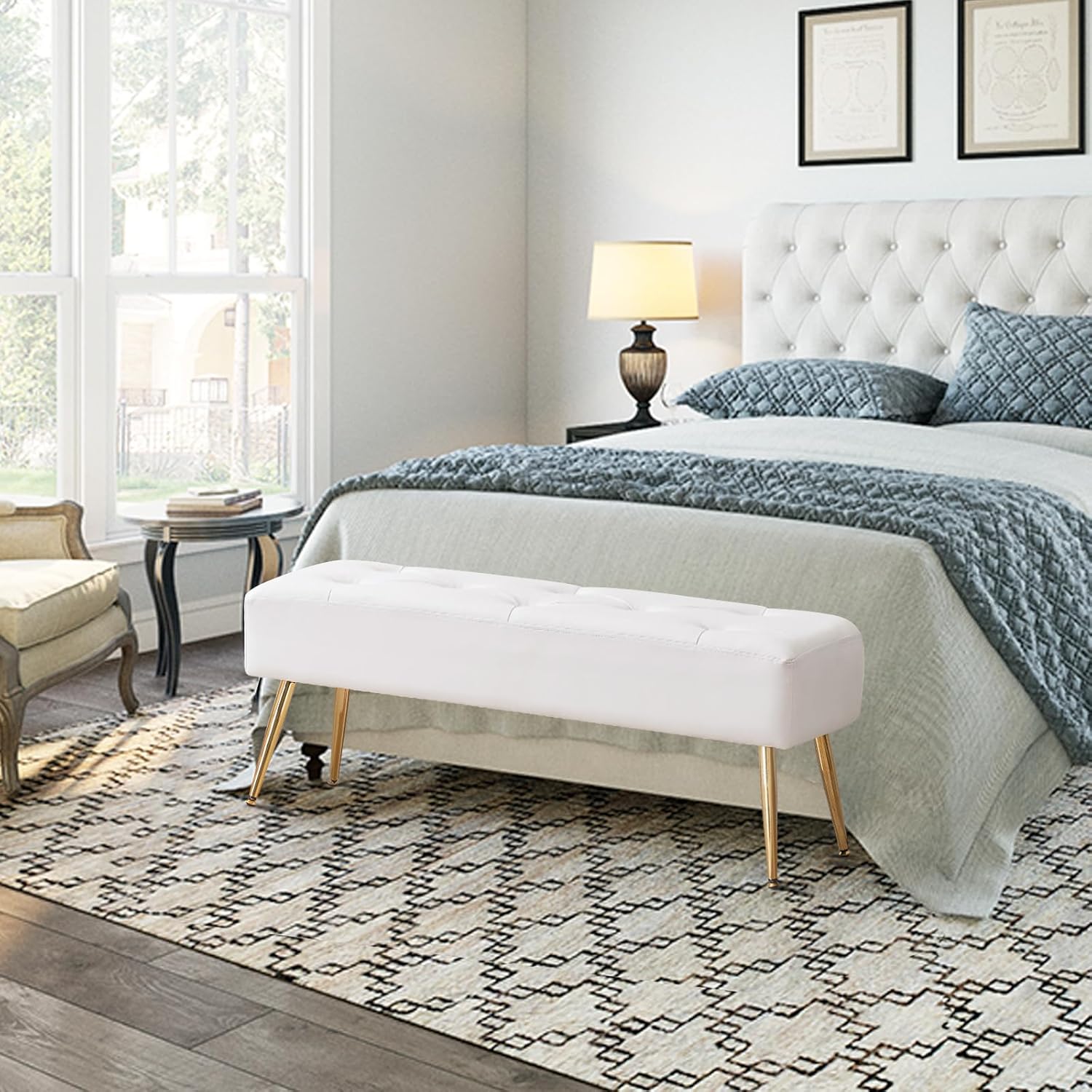 Phirkcraft  Pink Velvet Ottoman Bench, Modern Upholstered Bedroom Benches Footrest Stool Indoor Bench for Entryway Living Room Bedroom Dining Room (Velvet-Pink)