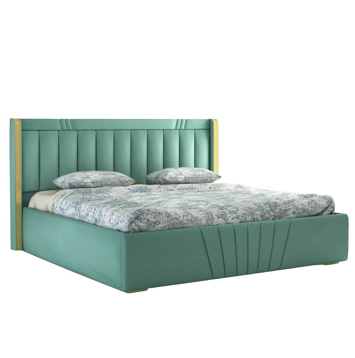 Phirkcraft Bed with Box Storage Solid Wood Fabric Bed Wooden Double Bed Cot Palang for Living Room Home Bedroom (Green)
