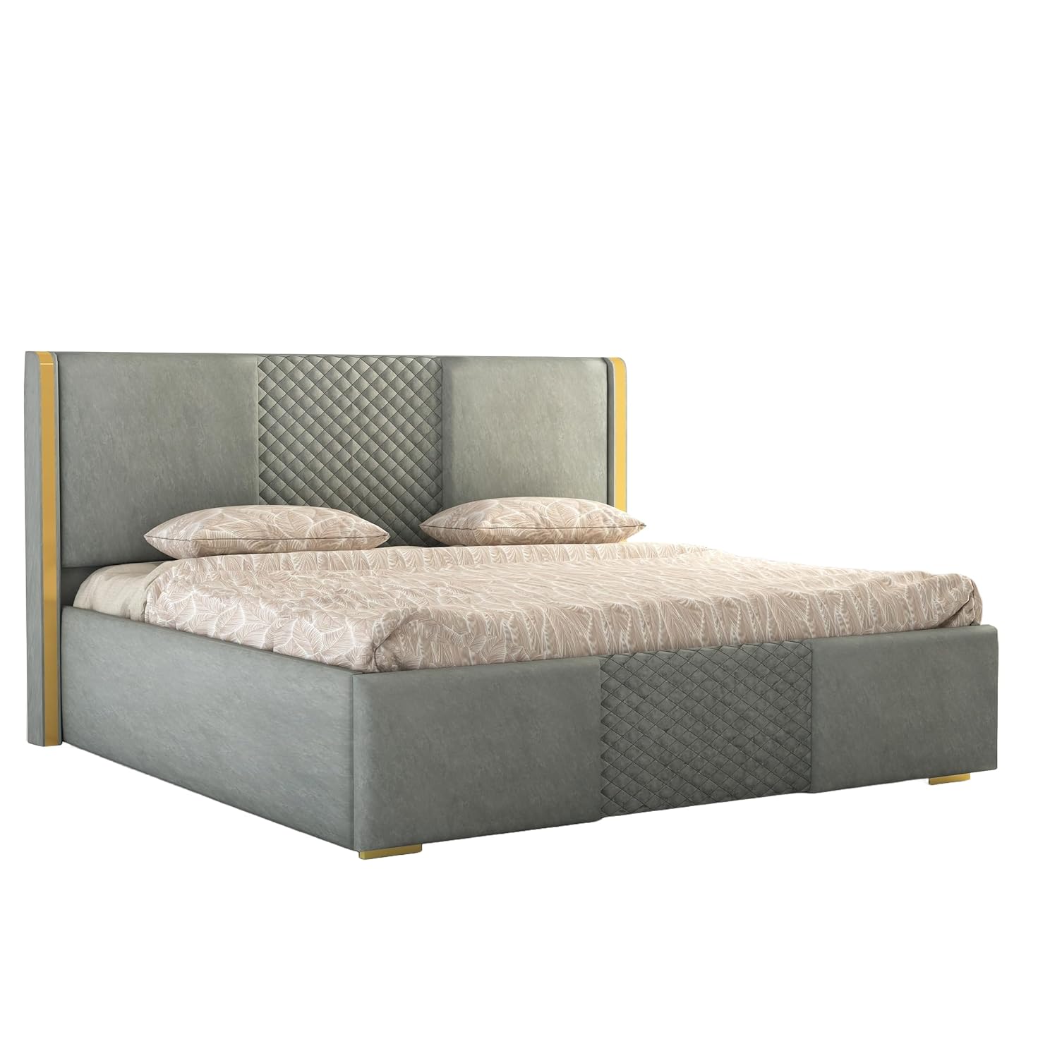 Phirkcraft Solid Wood Upholstered King Size Bed with Box Storage Wooden Double Bed Fabric Cot Palang for Bedroom Living Room (Grey)