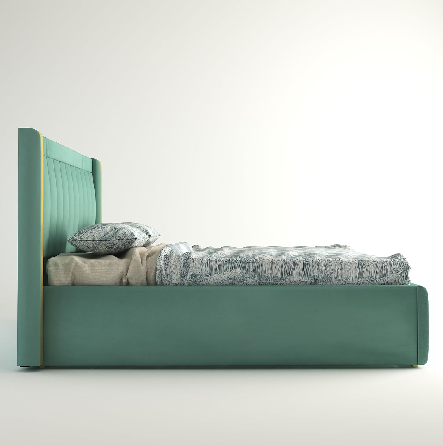Phirkcraft Bed with Box Storage Solid Wood Fabric Bed Wooden Double Bed Cot Palang for Living Room Home Bedroom (Green)